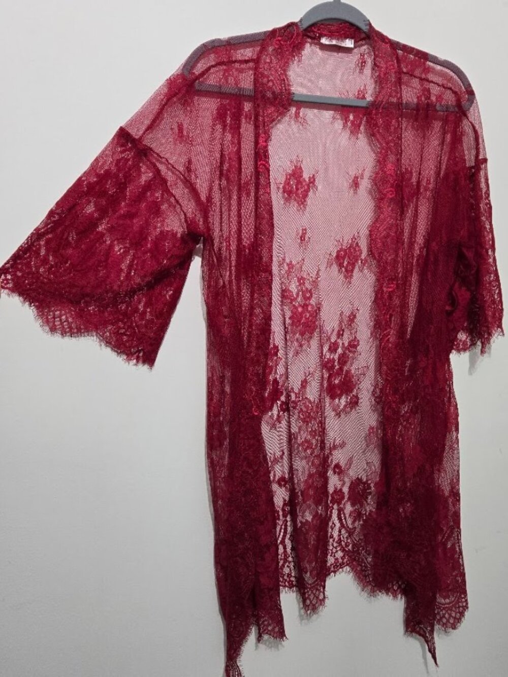Womens Romantic Whimsigoth Boho Red Lace Sheer Duster Kimono Cardigan Sz M
